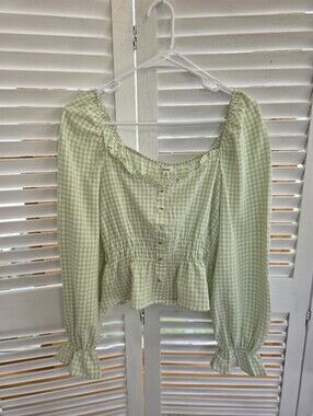 Be Mine Women's Green Gingham Square Neck Long Sleeve Crop Blouse Size M